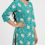 STYLEGENIXSTYLEGENIX Women's Cotton Kurti, Turquoise Blue Floral Print, Three Quarter Sleeves, Knee Length Dress