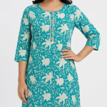 STYLEGENIXSTYLEGENIX Women's Cotton Kurti, Turquoise Blue Floral Print, Three Quarter Sleeves, Knee Length Dress