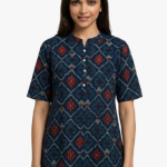 STYLEGENIXSTYLEGENIX Women's Short Sleeve Tunic Top, Navy Blue, Geometric Print, Button Front Collar