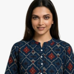 STYLEGENIXSTYLEGENIX Women's Short Sleeve Tunic Top, Navy Blue, Geometric Print, Button Front Collar