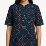 STYLEGENIXSTYLEGENIX Women's Short Sleeve Tunic Top, Navy Blue, Geometric Print, Button Front Collar