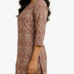 STYLEGENIXSTYLEGENIX Women's Printed Kurta, Three Quarter Sleeves, Beige and Rose Paisley Pattern, Cotton Blend