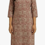 STYLEGENIXSTYLEGENIX Women's Printed Kurta, Three Quarter Sleeves, Beige and Rose Paisley Pattern, Cotton Blend