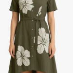 STYLEGENIXSTYLEGENIX Women's Shirt Dress, Olive Green, Floral Print, Short Sleeve, Collared, Button Front, Belted, High-Low Hem