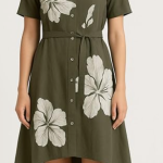 STYLEGENIXSTYLEGENIX Women's Shirt Dress, Olive Green, Floral Print, Short Sleeve, Collared, Button Front, Belted, High-Low Hem