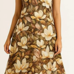 STYLEGENIXSTYLEGENIX Women's Sleeveless Floral Print Kurta with Matching Pants Set, Brown and Cream, A-Line Style, Coordinated Ethnic Outfit