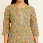 STYLEGENIXSTYLEGENIX Women's Cotton Kurta, Floral Print, 3/4 Sleeve, Mustard Yellow with Multicolor Pattern, Knee Length
