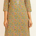 STYLEGENIXSTYLEGENIX Women's Cotton Kurta, Floral Print, 3/4 Sleeve, Mustard Yellow with Multicolor Pattern, Knee Length