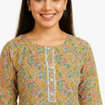 STYLEGENIXSTYLEGENIX Women's Cotton Kurta, Floral Print, 3/4 Sleeve, Mustard Yellow with Multicolor Pattern, Knee Length