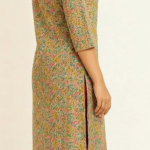 STYLEGENIXSTYLEGENIX Women's Cotton Kurta, Floral Print, 3/4 Sleeve, Mustard Yellow with Multicolor Pattern, Knee Length