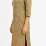 STYLEGENIXSTYLEGENIX Women's Cotton Kurta, Floral Print, 3/4 Sleeve, Mustard Yellow with Multicolor Pattern, Knee Length