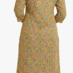 STYLEGENIXSTYLEGENIX Women's Cotton Kurta, Floral Print, 3/4 Sleeve, Mustard Yellow with Multicolor Pattern, Knee Length
