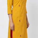 STYLEGENIXSTYLEGENIX Women's Cotton Kurti, Yellow, 3/4 Sleeve, Embroidered Floral Design, Straight Fit, Knee Length