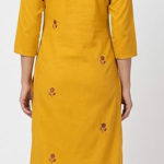STYLEGENIXSTYLEGENIX Women's Cotton Kurti, Yellow, 3/4 Sleeve, Embroidered Floral Design, Straight Fit, Knee Length