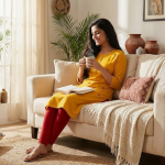 STYLEGENIXSTYLEGENIX Women's Cotton Kurti, Yellow, 3/4 Sleeve, Embroidered Floral Design, Straight Fit, Knee Length