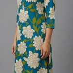 STYLEGENIXSTYLEGENIX Women's Floral Print Kurta, Teal Blue with White Flowers, 3/4 Sleeves, Knee Length