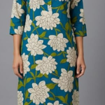 STYLEGENIXSTYLEGENIX Women's Floral Print Kurta, Teal Blue with White Flowers, 3/4 Sleeves, Knee Length