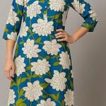 STYLEGENIXSTYLEGENIX Women's Floral Print Kurta, Teal Blue with White Flowers, 3/4 Sleeves, Knee Length