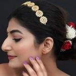 Gold Plated Brass Kundan Flower Design Hairband Mathapatti For Women/Girls/Bride