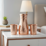 Hammered Copper Carafe Set with Drinking Glasses, Rose Gold Finish, Modern Decorative Water Pitcher and Tumblers for Home, Kitchen, Bedroom