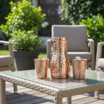 Hammered Copper Carafe Set with Drinking Glasses, Rose Gold Finish, Modern Decorative Water Pitcher and Tumblers for Home, Kitchen, Bedroom