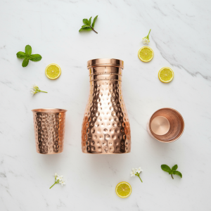 Hammered Copper Carafe Set with Drinking Glasses, Rose Gold Finish, Modern Decorative Water Pitcher and Tumblers for Home, Kitchen, Bedroom