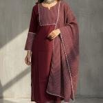 Maroon Striped Kurta Pant & Dupatta Set for Women