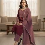 Maroon Striped Kurta Pant & Dupatta Set for Women