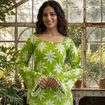 Green Floral Bell Sleeve Cotton Top for Women