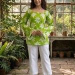 Green Floral Bell Sleeve Cotton Top for Women