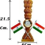 Ashoka Pillar Table Clock with Indian Flags 21.5 cm Wooden Desk Decor | National Emblem India Souvenir | Patriot Gift for Office, Home