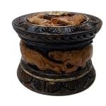 Vintage Decorative Wooden Powder Box with Carved Design,Handcrafted Wooden Kumkum Box, Animal Design, Round Decorative Storage