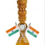 Ashoka Pillar Table Clock with Indian Flags 21.5 cm Wooden Desk Decor | National Emblem India Souvenir | Patriot Gift for Office, Home