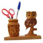 Handcrafted Multipurpose Wooden Pen Stand with Ashoka Pillar & Indian Flag | Desk Organizer for Office & Study Table