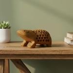 Handcrafted Decor Wooden Frog Figurine, Intricate Jali Lattice Design, Lightweight Decorative Accent, Natural Wood Material, Brown