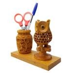 Handcrafted Multipurpose Wooden Pen Stand with Ashoka Pillar & Indian Flag | Desk Organizer for Office & Study Table