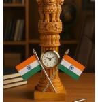 Ashoka Pillar Table Clock with Indian Flags 21.5 cm Wooden Desk Decor | National Emblem India Souvenir | Patriot Gift for Office, Home