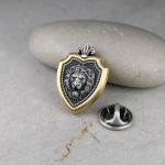 Leo Zodiac Lion Shield Brooch Pin – Fleur-de-Lis Gold Plated Sterling Silver Lapel Badge