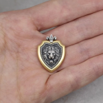 Leo Zodiac Lion Shield Brooch Pin – Fleur-de-Lis Gold Plated Sterling Silver Lapel Badge