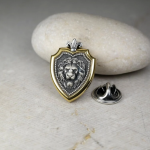 Leo Zodiac Lion Shield Brooch Pin – Fleur-de-Lis Gold Plated Sterling Silver Lapel Badge