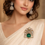 Diamond Polki Synthetic Emerald Gemstone Designer Brooch Unisex