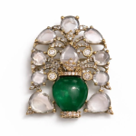 Diamond Polki Synthetic Emerald Gemstone Designer Brooch Unisex
