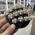 Golden Pearl Juda Comb Pins for Women & Girls, Black Comb with Pearl and Crystal Embellishments, Pack of 3