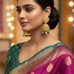 gold-plated jhumka earrings with multicolor beads.