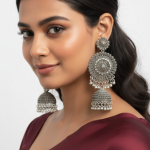 Silver-Plated Oxidized Traditional Floral Jhumka Earrings ✅