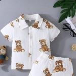 Boys Casual Teddy Bear Print Shirt & Shorts Combo