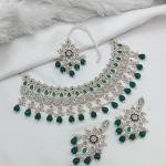 Green Stone Work Necklace Set with Earrings and Maang Tikka