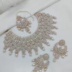 White Colour Rose Gold Finish Necklace Set With Stone And Pearl Work