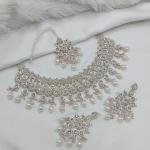 Green Stone Work Necklace Set with Earrings and Maang Tikka