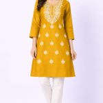 CPMPUER CHIKANKARI RAYON KURTI ROUND NECK 3/4TH SLEEVE .46INCH LENGTH